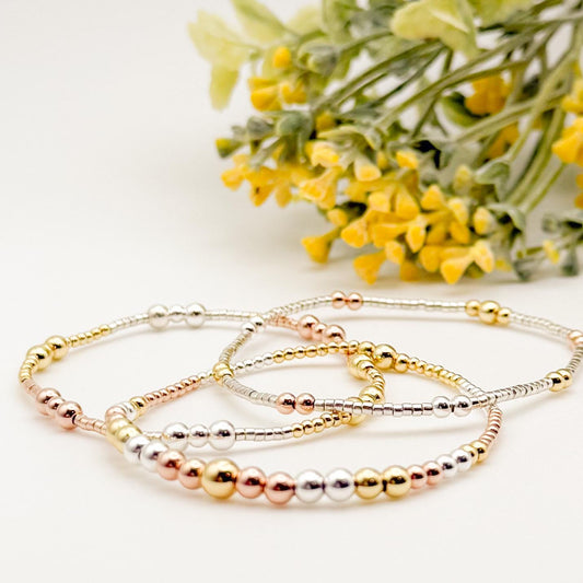 Tri Tone Mixed Metals | 18k gold filled with sterling silver and rose gold filled  | beaded stretch bracelet set