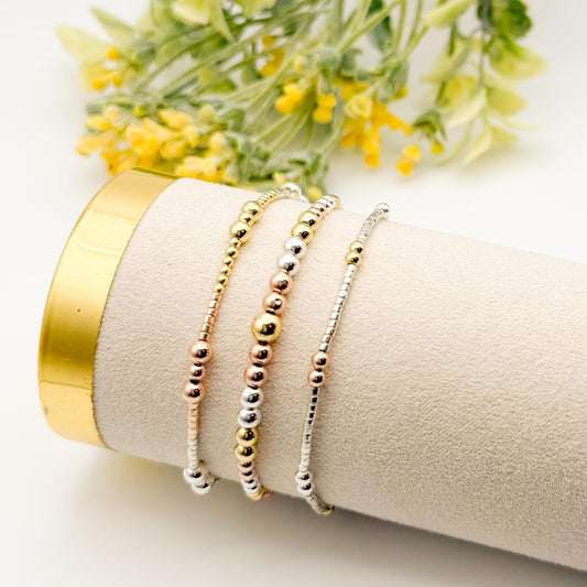 Tri-Tone Beaded Bracelet Set: Sterling Silver, Gold & Rose Gold Filled