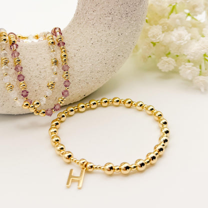 18k Gold Filled Initial and Birthstone Bracelet Set: Beaded Crystal Birthstone