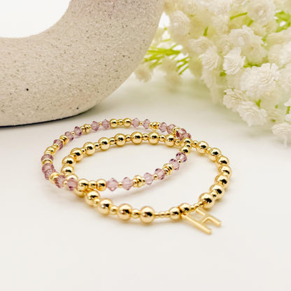18k Gold Filled Initial and Birthstone Bracelet Set: Beaded Crystal Birthstone