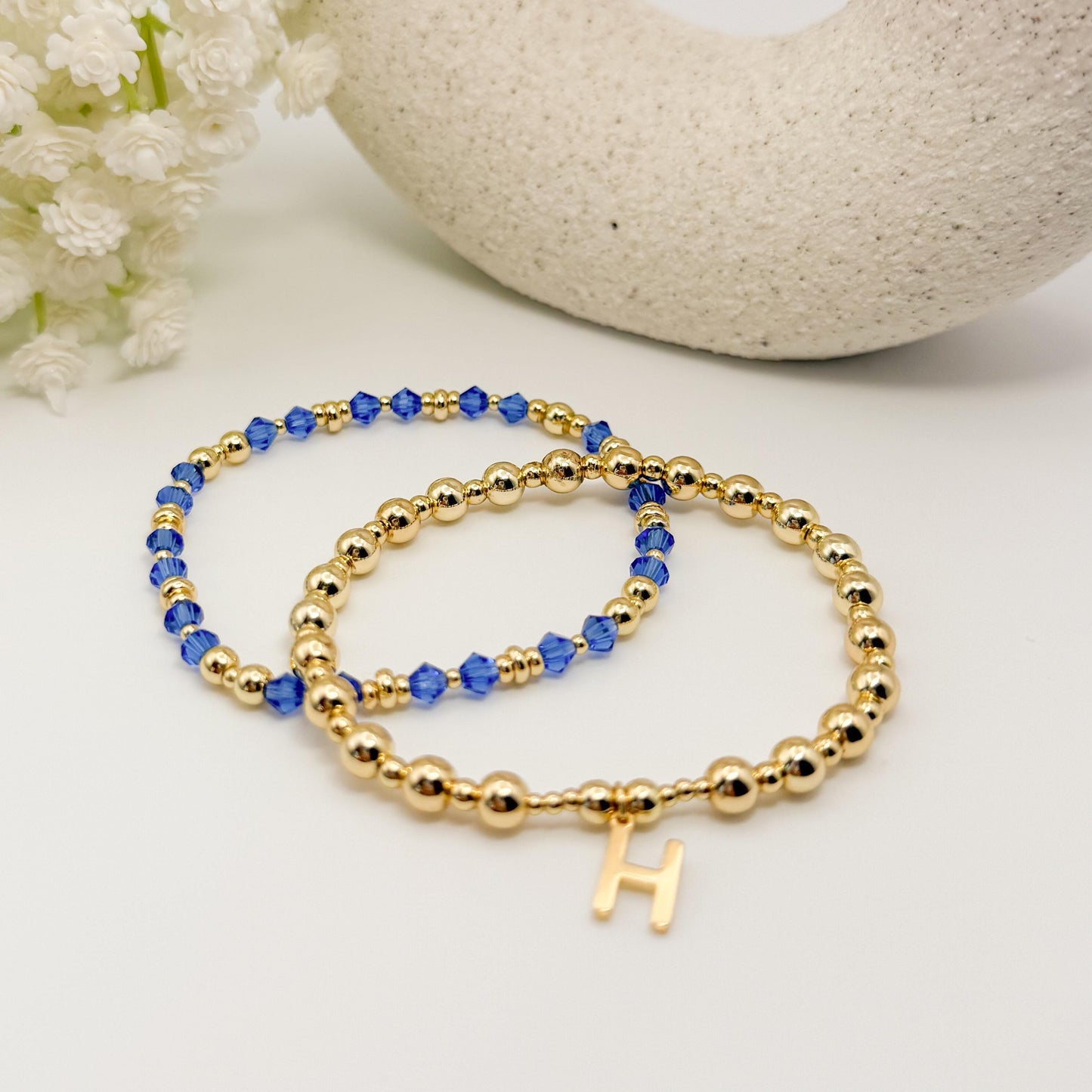 18k Gold Filled Initial and Birthstone Bracelet Set: Beaded Crystal Birthstone