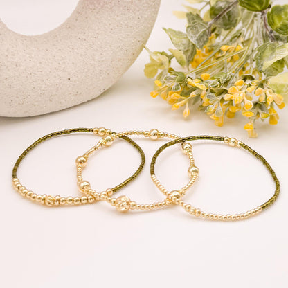 18k Gold Filled Seed Bead Bracelet Stack | Light Blue, Green & Mauve