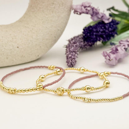 18k Gold Filled Seed Bead Bracelet Stack | Light Blue, Green & Mauve