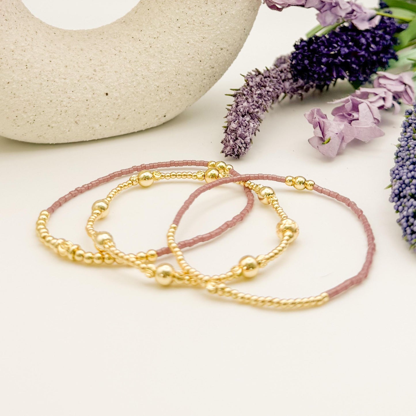 Joy Stack | 18k gold filled with light blue, green and mauve bracelet stack | beaded stretch bracelet | seed bead | gift set