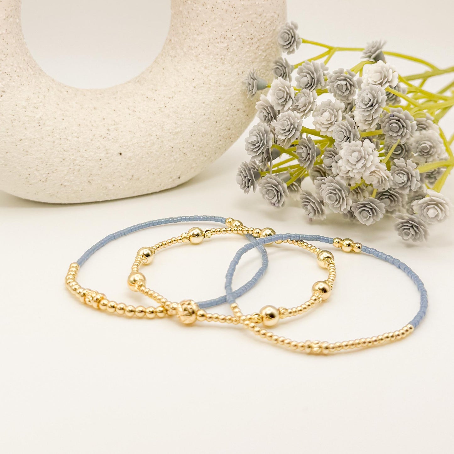 Joy Stack | 18k gold filled with light blue, green and mauve bracelet stack | beaded stretch bracelet | seed bead | gift set