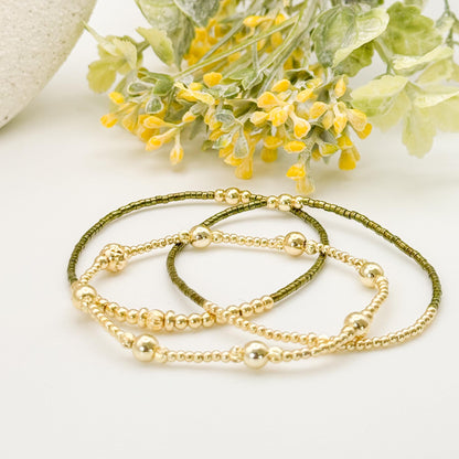 18k Gold Filled Seed Bead Bracelet Stack | Light Blue, Green & Mauve