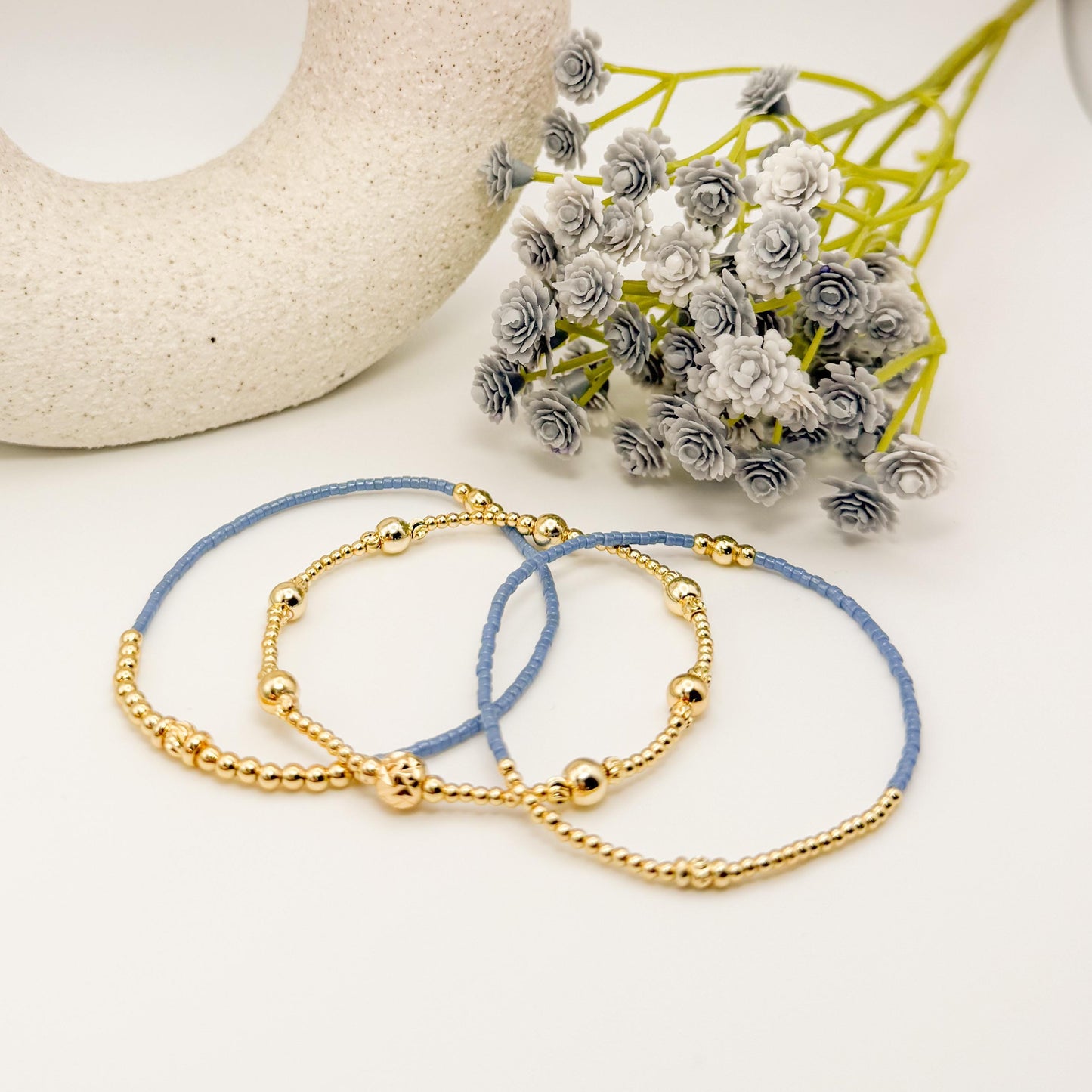 Joy Stack | 18k gold filled with light blue, green and mauve bracelet stack | beaded stretch bracelet | seed bead | gift set