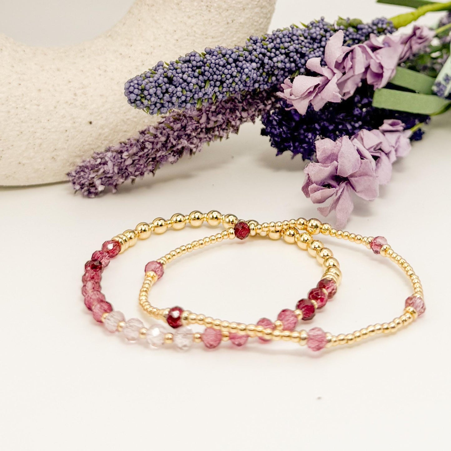 Blush | 18k gold filled with deep pink and purple crystal beads | beaded stretch bracelet  | bracelet set | gift set | layering bracelets
