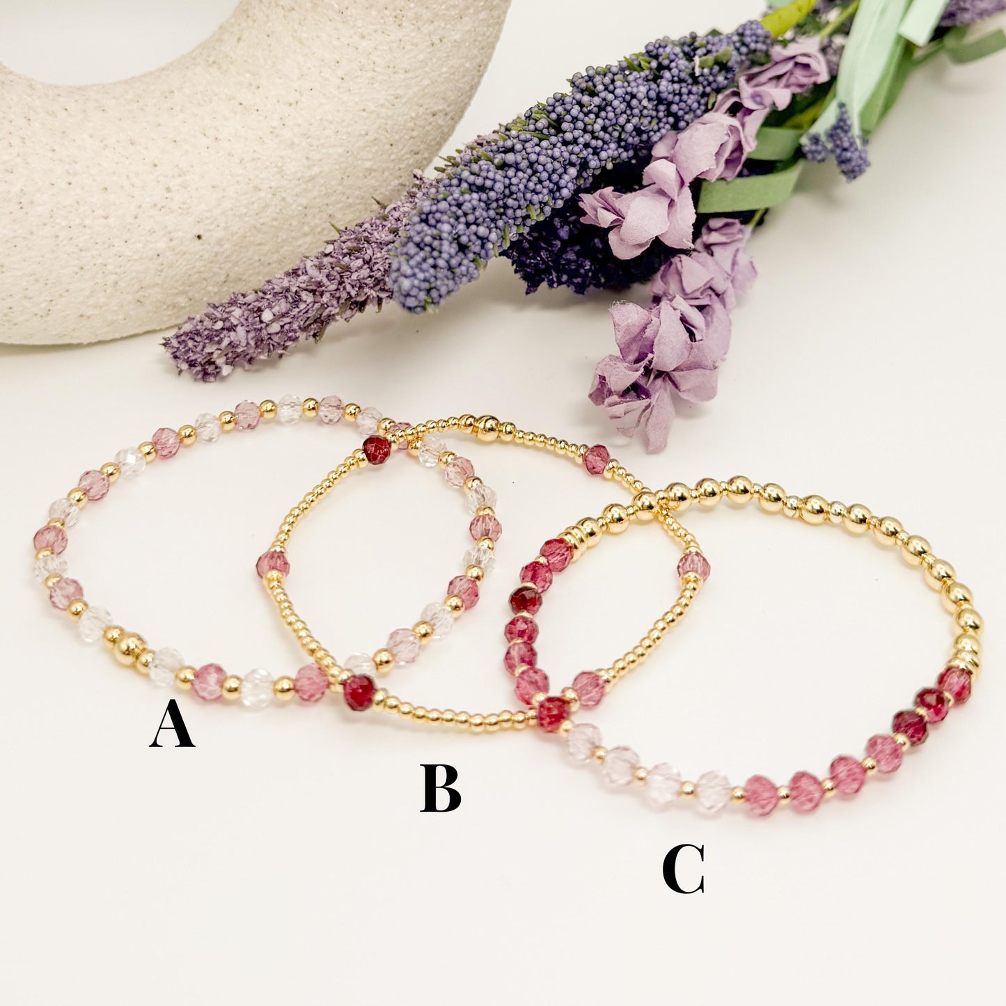 Blush | 18k gold filled with deep pink and purple crystal beads | beaded stretch bracelet  | bracelet set | gift set | layering bracelets