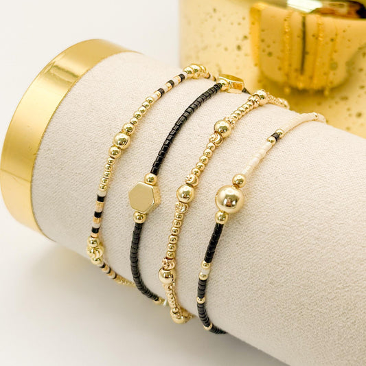 Midnight Glow | 18k gold filled with black and cream bracelet stack | beaded stretch bracelet | tiny bead bracelet | seed bead | holiday