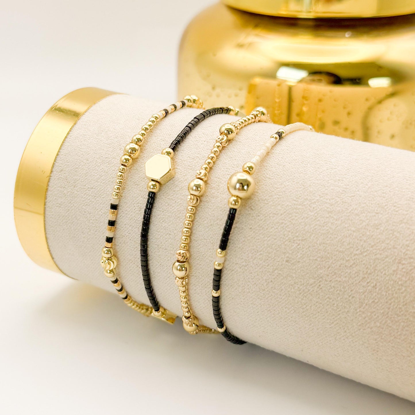 Midnight Glow | 18k gold filled with black and cream bracelet stack | beaded stretch bracelet | tiny bead bracelet | seed bead | holiday