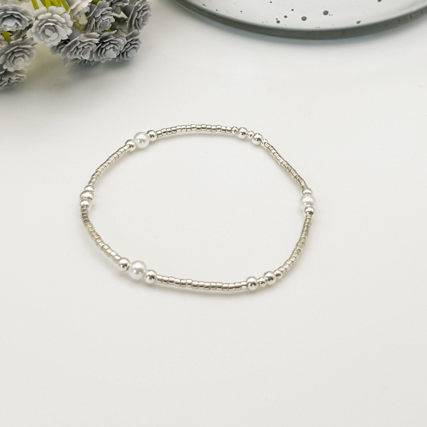 Silver and Pearl Stack | sterling silver with silver seed beads | beaded stretch bracelet | tiny bead bracelet | bracelet set |gift set