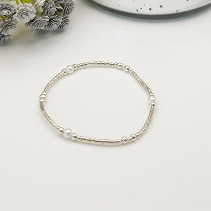 Silver and Pearl Stack | sterling silver with silver seed beads | beaded stretch bracelet | tiny bead bracelet | bracelet set |gift set