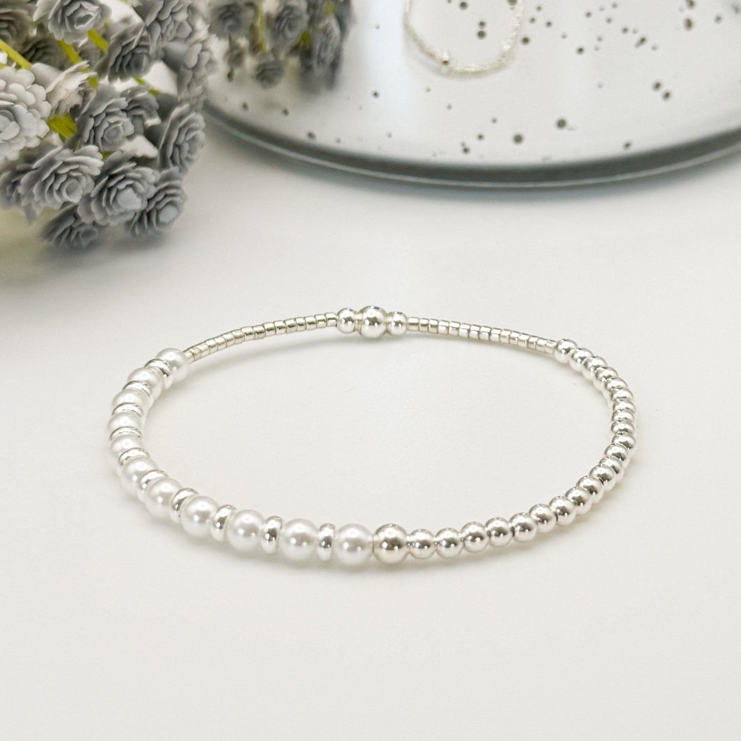 Silver and Pearl Stack | sterling silver with silver seed beads | beaded stretch bracelet | tiny bead bracelet | bracelet set |gift set