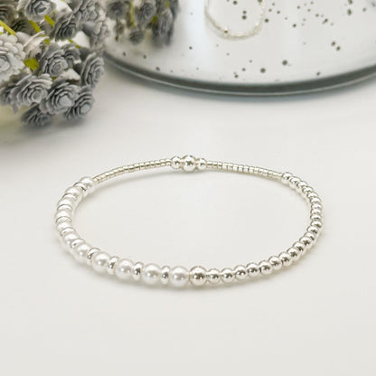 Silver and Pearl Stack | sterling silver with silver seed beads | beaded stretch bracelet | tiny bead bracelet | bracelet set |gift set