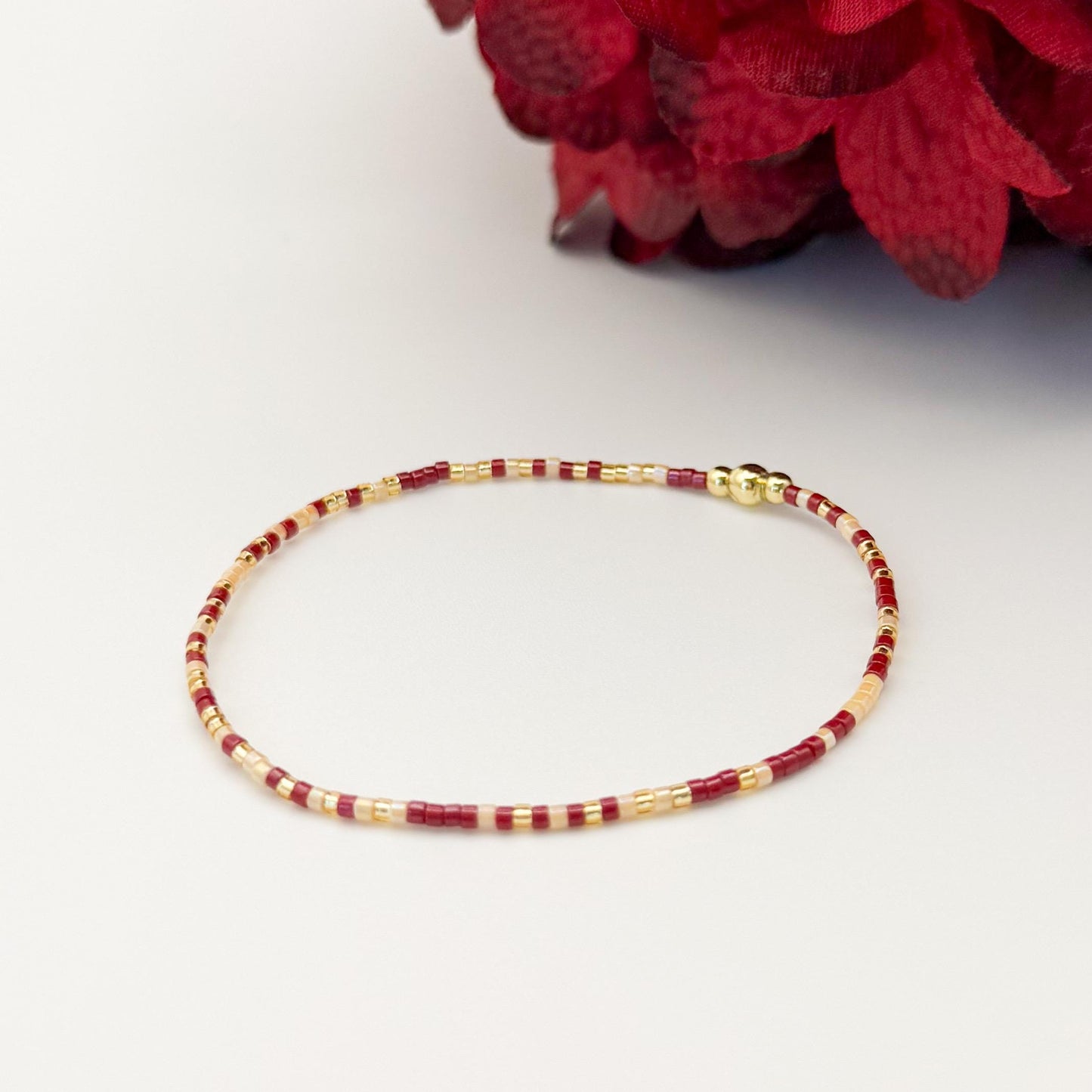 Burgundy | 18k gold filled with maroon and cream bracelet stack | beaded stretch bracelet |