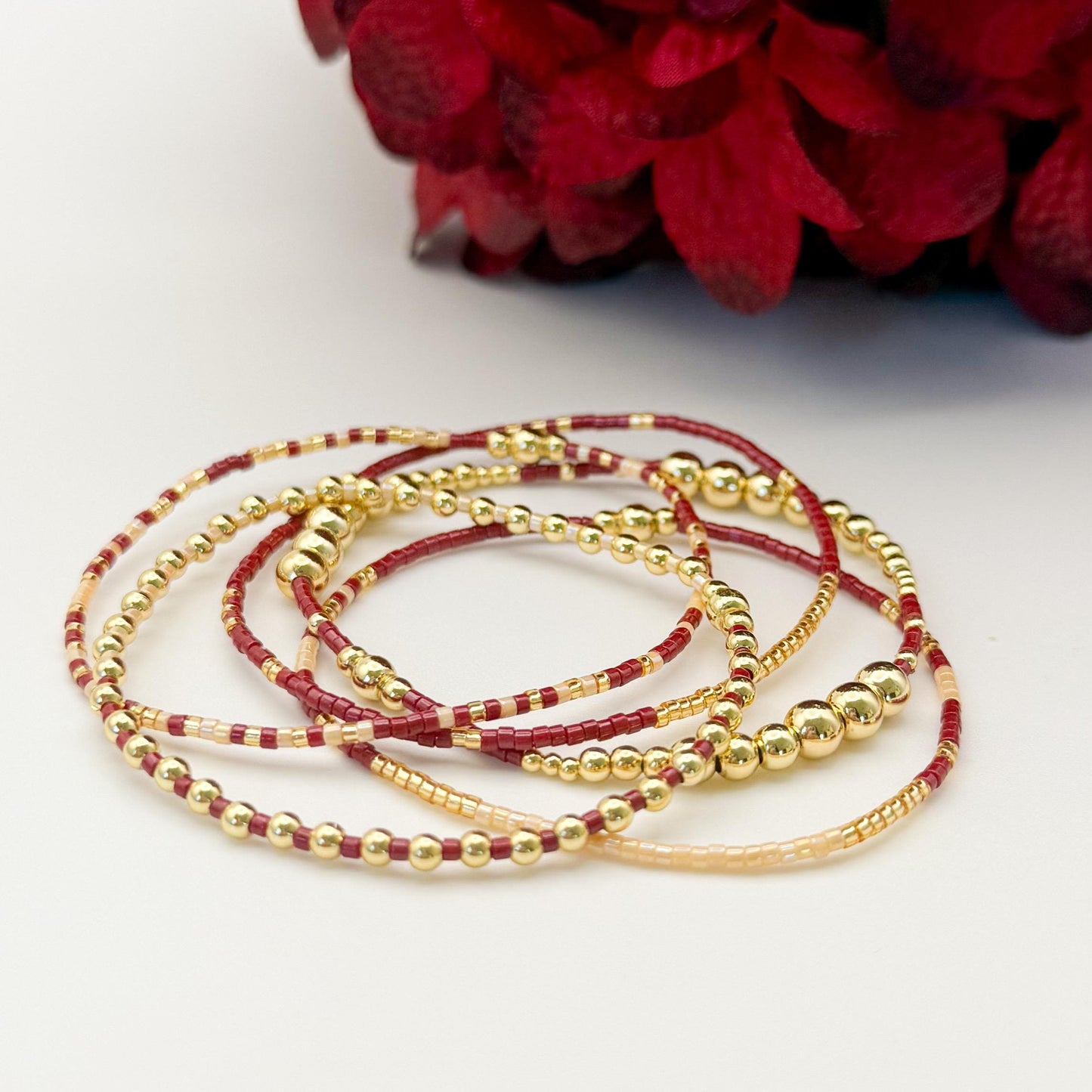 Burgundy | 18k gold filled with maroon and cream bracelet stack | beaded stretch bracelet |