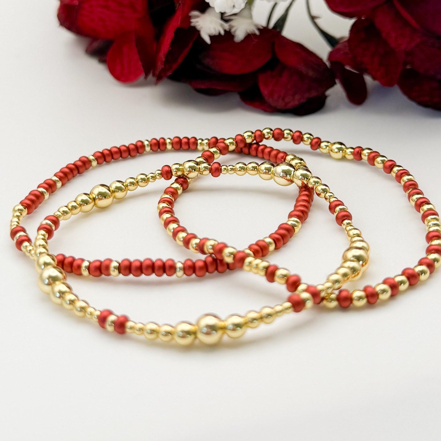 Crimson Glow | 18k gold filled with coral-red/ crimson bracelet stack | beaded stretch bracelet | 3 piece bracelet set