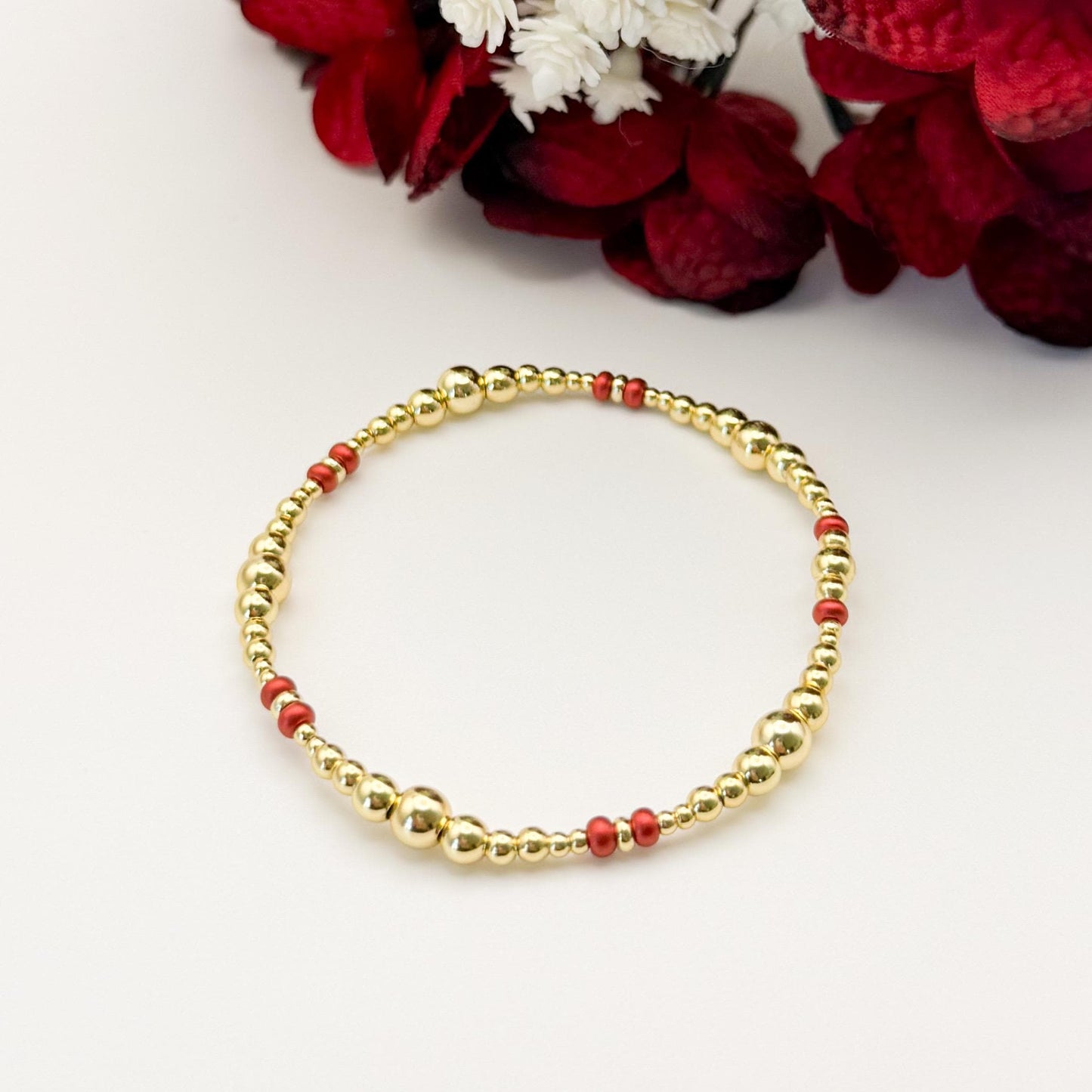 Crimson Glow | 18k gold filled with coral-red/ crimson bracelet stack | beaded stretch bracelet | 3 piece bracelet set