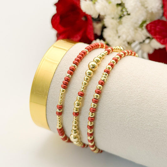 Crimson Glow | 18k gold filled with coral-red/ crimson bracelet stack | beaded stretch bracelet | 3 piece bracelet set