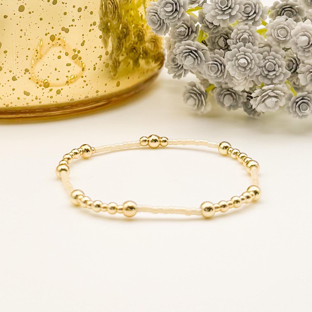 Cloud | 18k gold filled with sapphire blue and cream bracelet stack | beaded stretch bracelet | tiny bead bracelet | seed bead | gift set