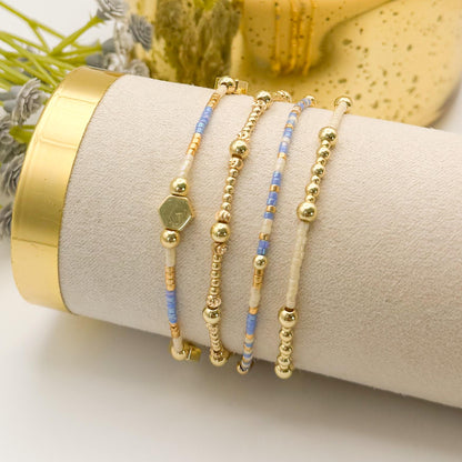 Cloud | 18k gold filled with sapphire blue and cream bracelet stack | beaded stretch bracelet | tiny bead bracelet | seed bead | gift set