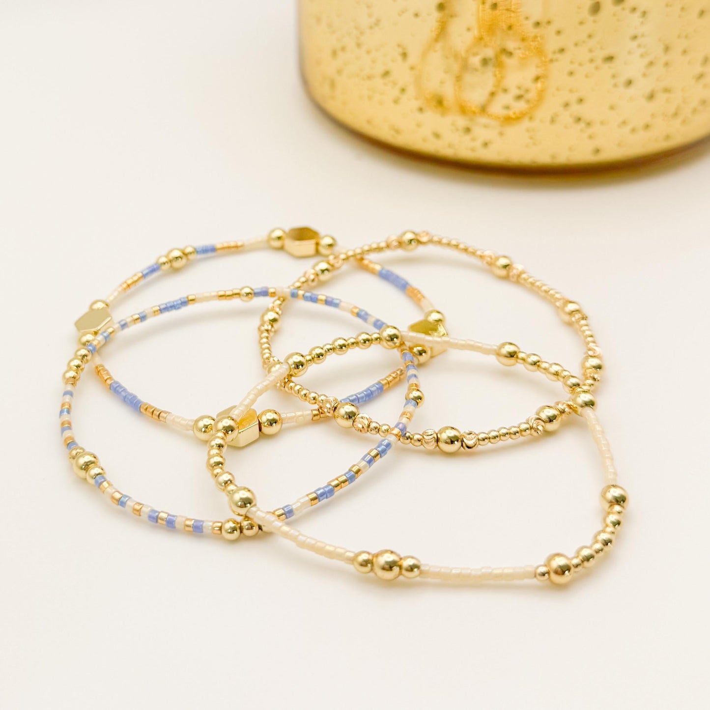 Cloud | 18k gold filled with sapphire blue and cream bracelet stack | beaded stretch bracelet | tiny bead bracelet | seed bead | gift set