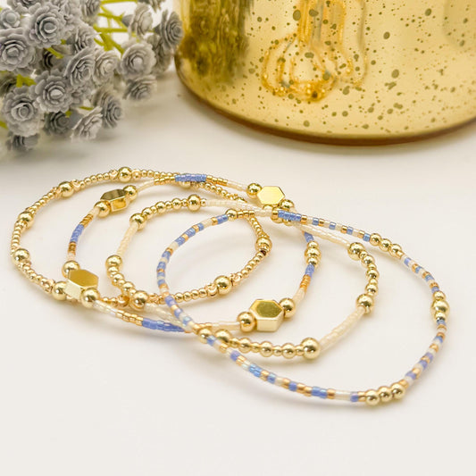 Cloud | 18k gold filled with sapphire blue and cream bracelet stack | beaded stretch bracelet | tiny bead bracelet | seed bead | gift set