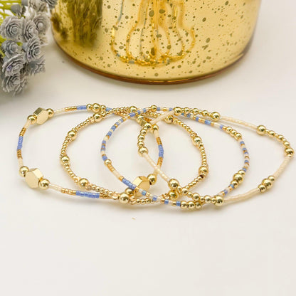 Cloud | 18k gold filled with sapphire blue and cream bracelet stack | beaded stretch bracelet | tiny bead bracelet | seed bead | gift set