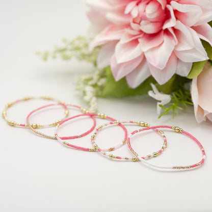 Pretty & Pink | 18k gold filled with pink and white bracelet stack | beaded stretch bracelet | tiny bead bracelet | seed bead | gift set