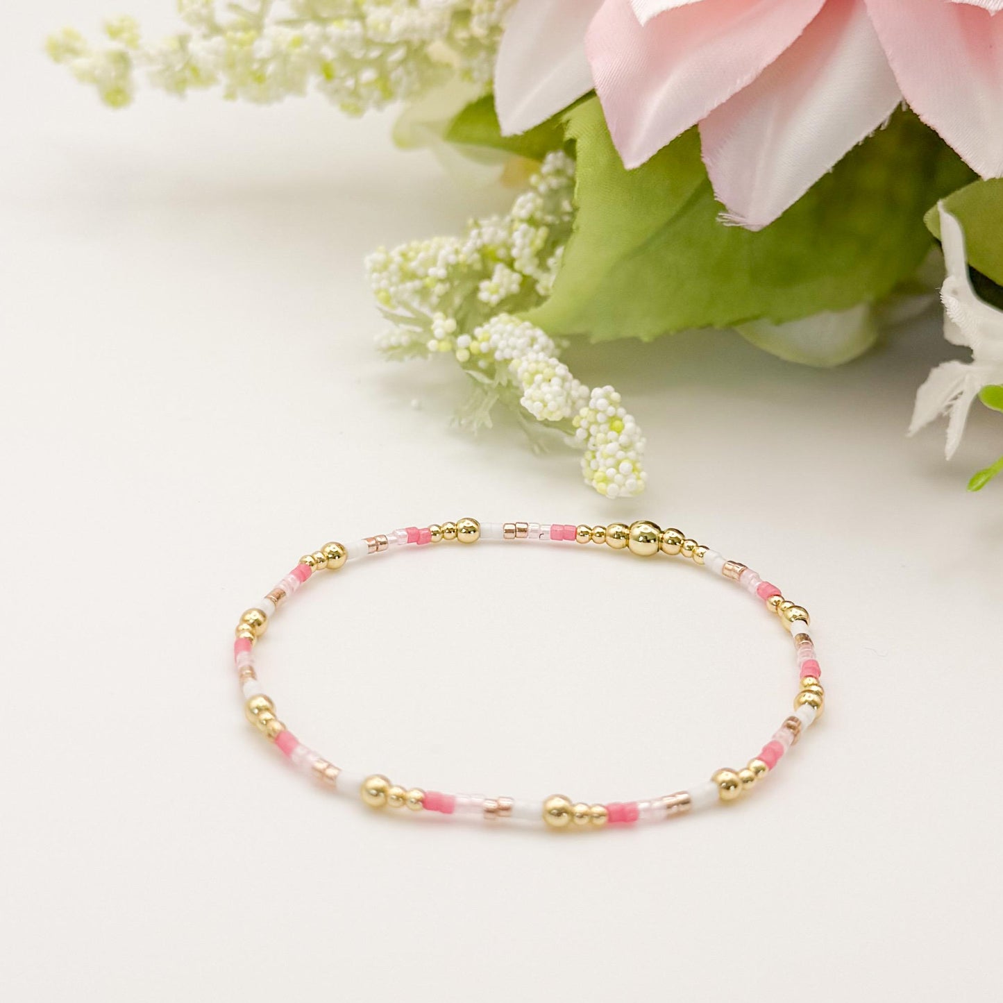 Pretty & Pink | 18k gold filled with pink and white bracelet stack | beaded stretch bracelet | tiny bead bracelet | seed bead | gift set