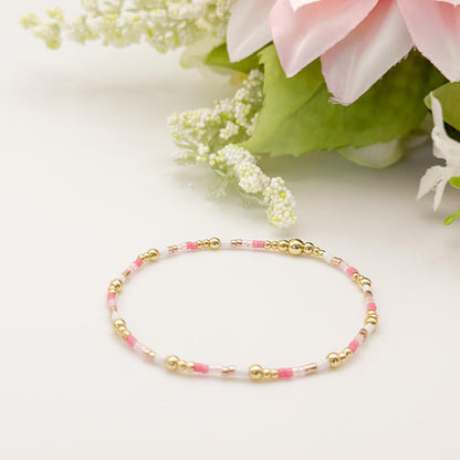 Pretty & Pink | 18k gold filled with pink and white bracelet stack | beaded stretch bracelet | tiny bead bracelet | seed bead | gift set