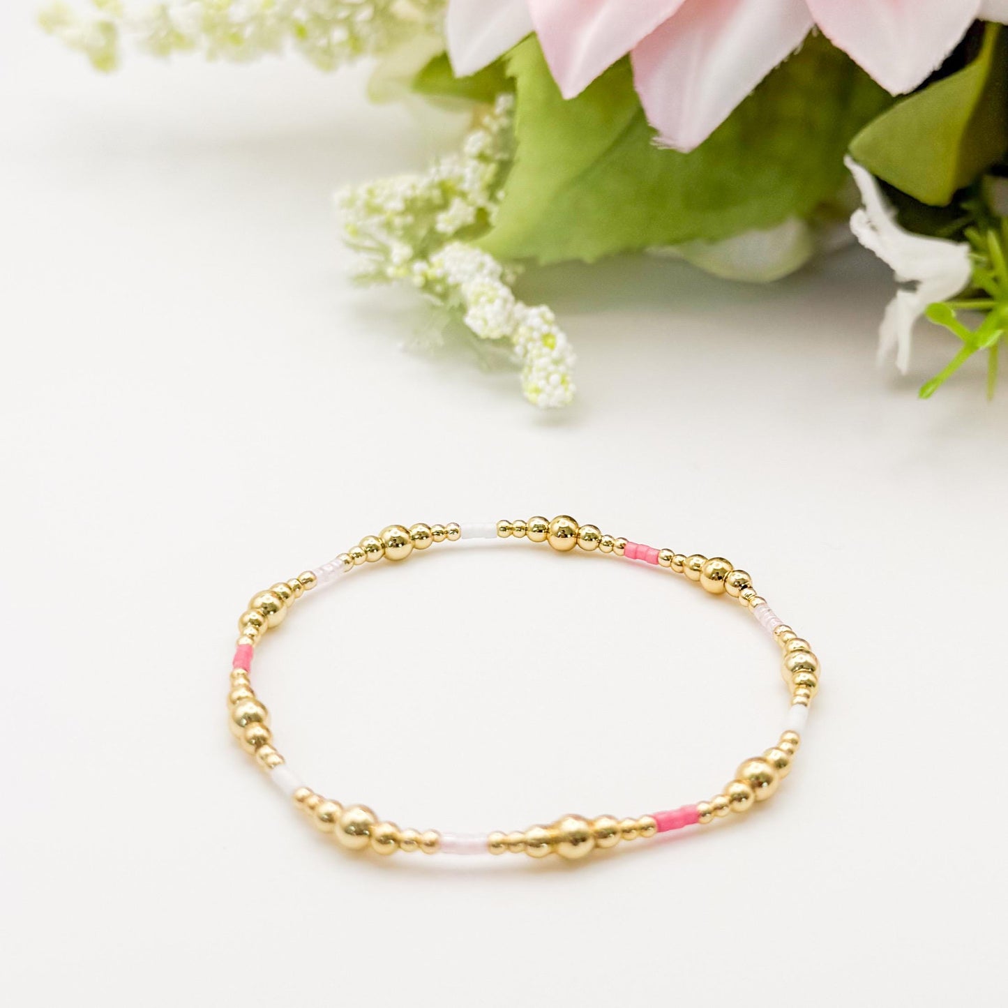 Pretty & Pink | 18k gold filled with pink and white bracelet stack | beaded stretch bracelet | tiny bead bracelet | seed bead | gift set