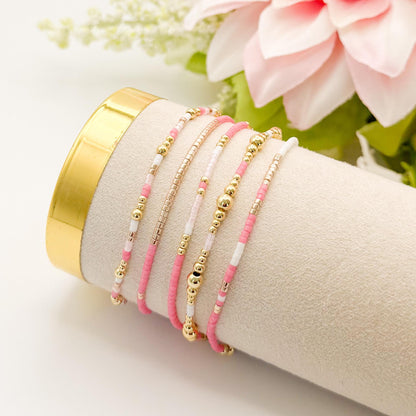 Pretty & Pink | 18k gold filled with pink and white bracelet stack | beaded stretch bracelet | tiny bead bracelet | seed bead | gift set