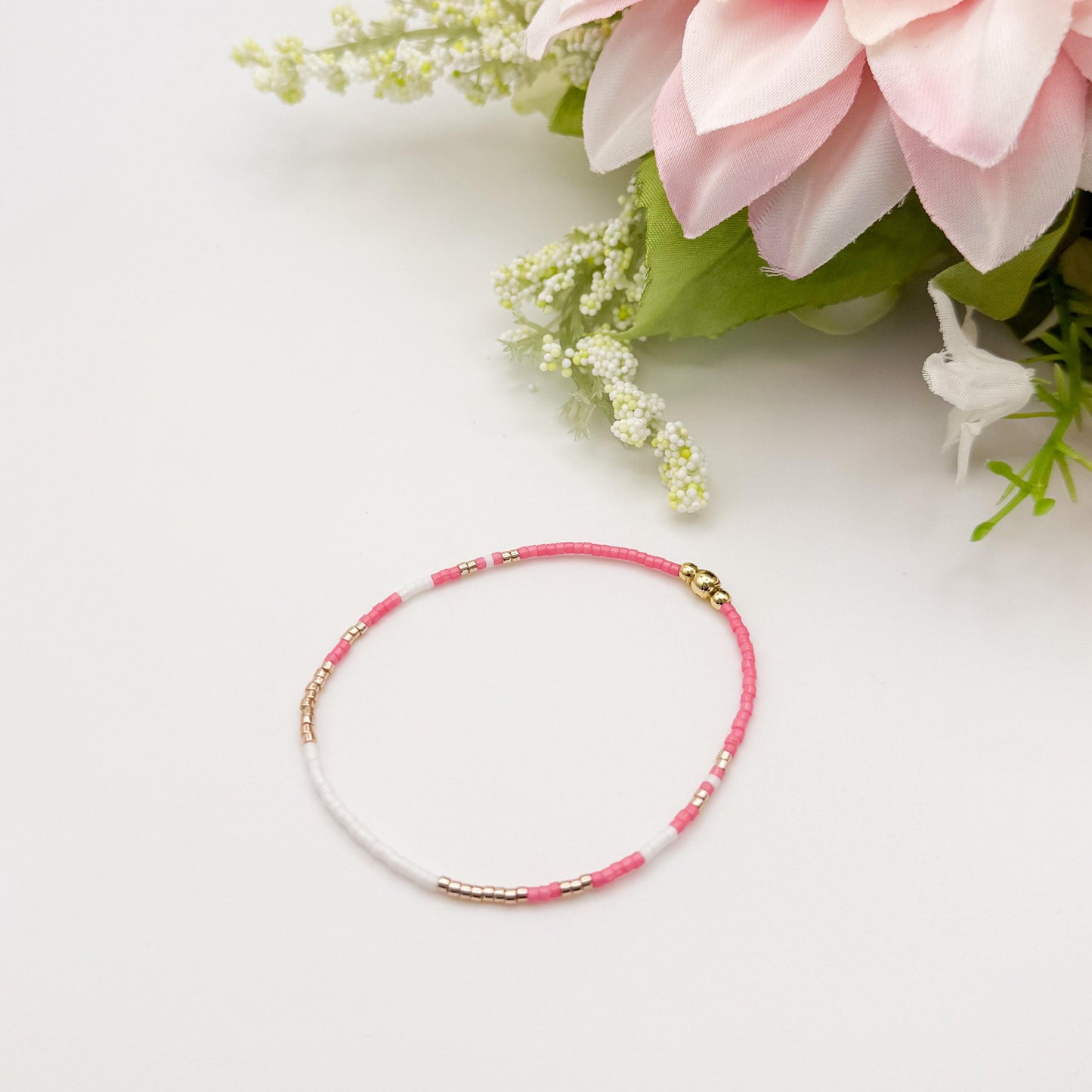 Pretty & Pink | 18k gold filled with pink and white bracelet stack | beaded stretch bracelet | tiny bead bracelet | seed bead | gift set