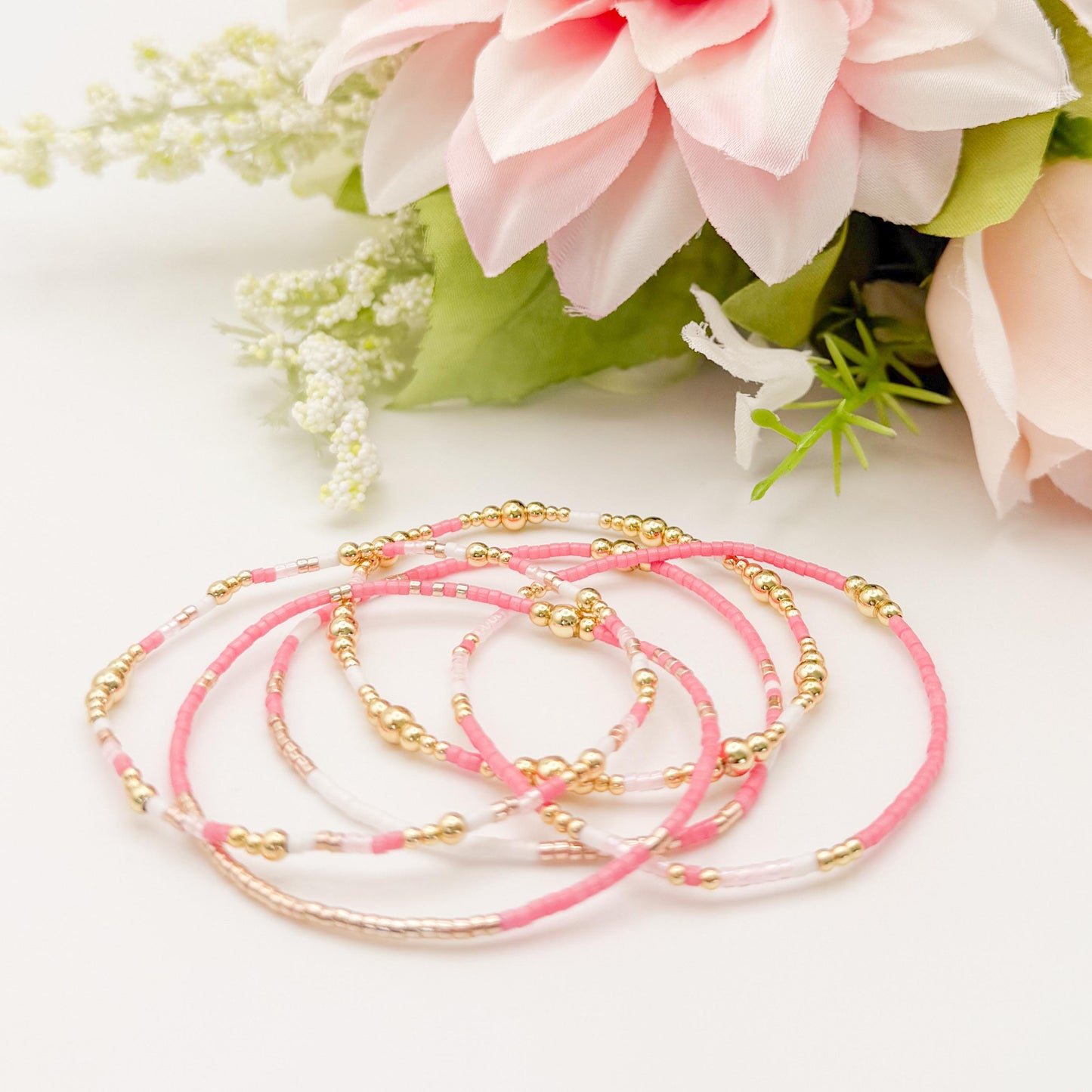 Pretty & Pink | 18k gold filled with pink and white bracelet stack | beaded stretch bracelet | tiny bead bracelet | seed bead | gift set