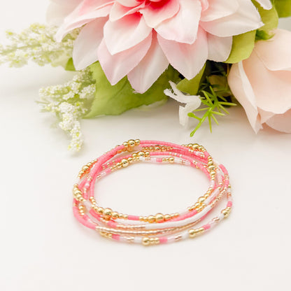 Pretty & Pink | 18k gold filled with pink and white bracelet stack | beaded stretch bracelet | tiny bead bracelet | seed bead | gift set