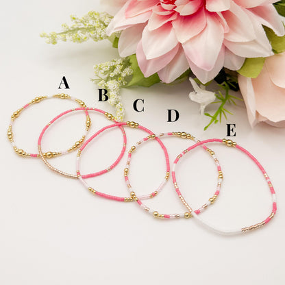 Pretty & Pink | 18k gold filled with pink and white bracelet stack | beaded stretch bracelet | tiny bead bracelet | seed bead | gift set