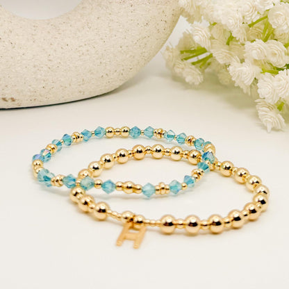 18k Gold Filled Initial and Birthstone Bracelet Set: Beaded Crystal Birthstone