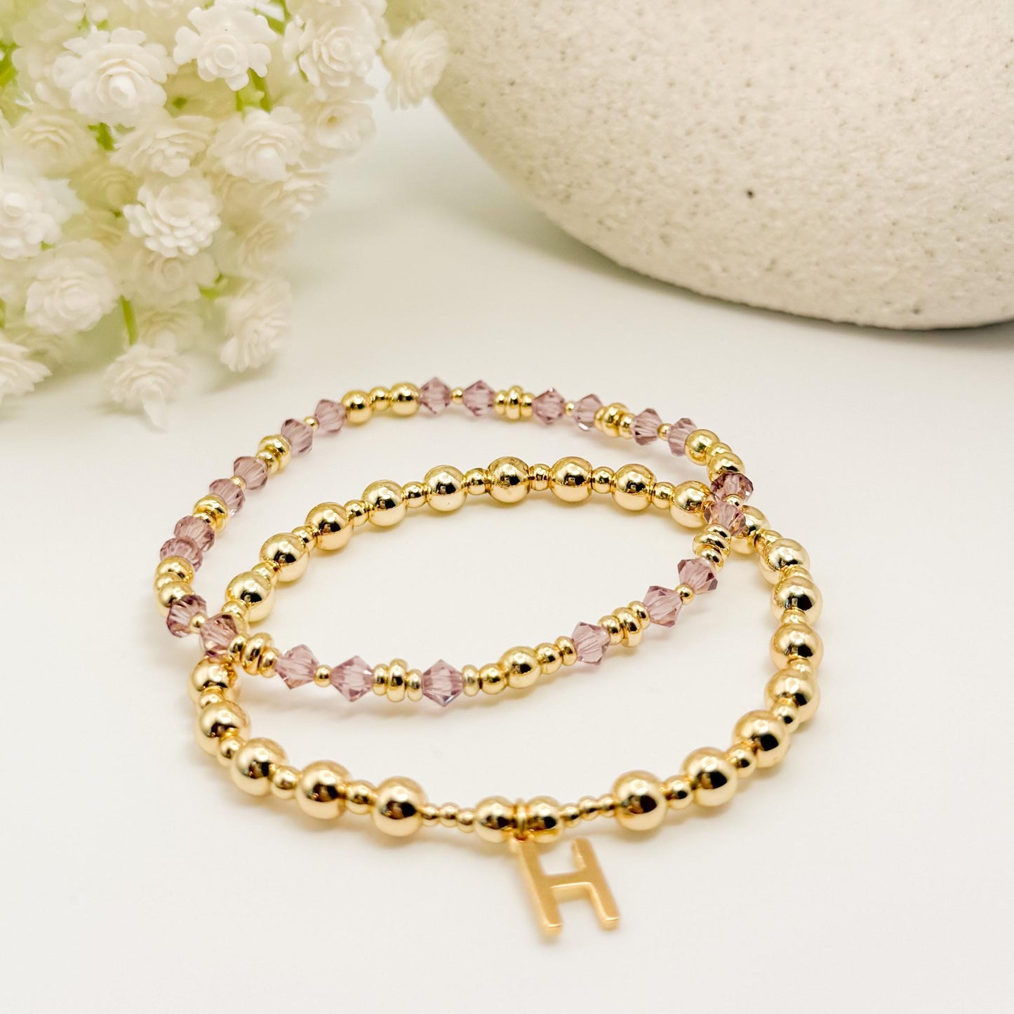 18k Gold Filled Initial and Birthstone Bracelet Set: Beaded Crystal Birthstone