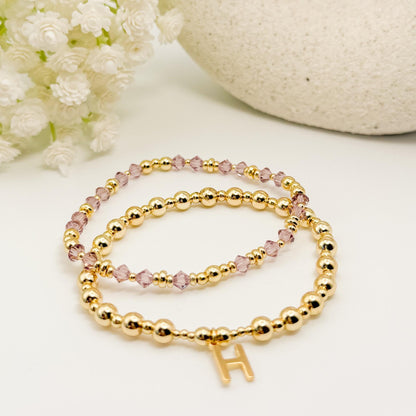 18k Gold Filled Initial and Birthstone Bracelet Set: Beaded Crystal Birthstone