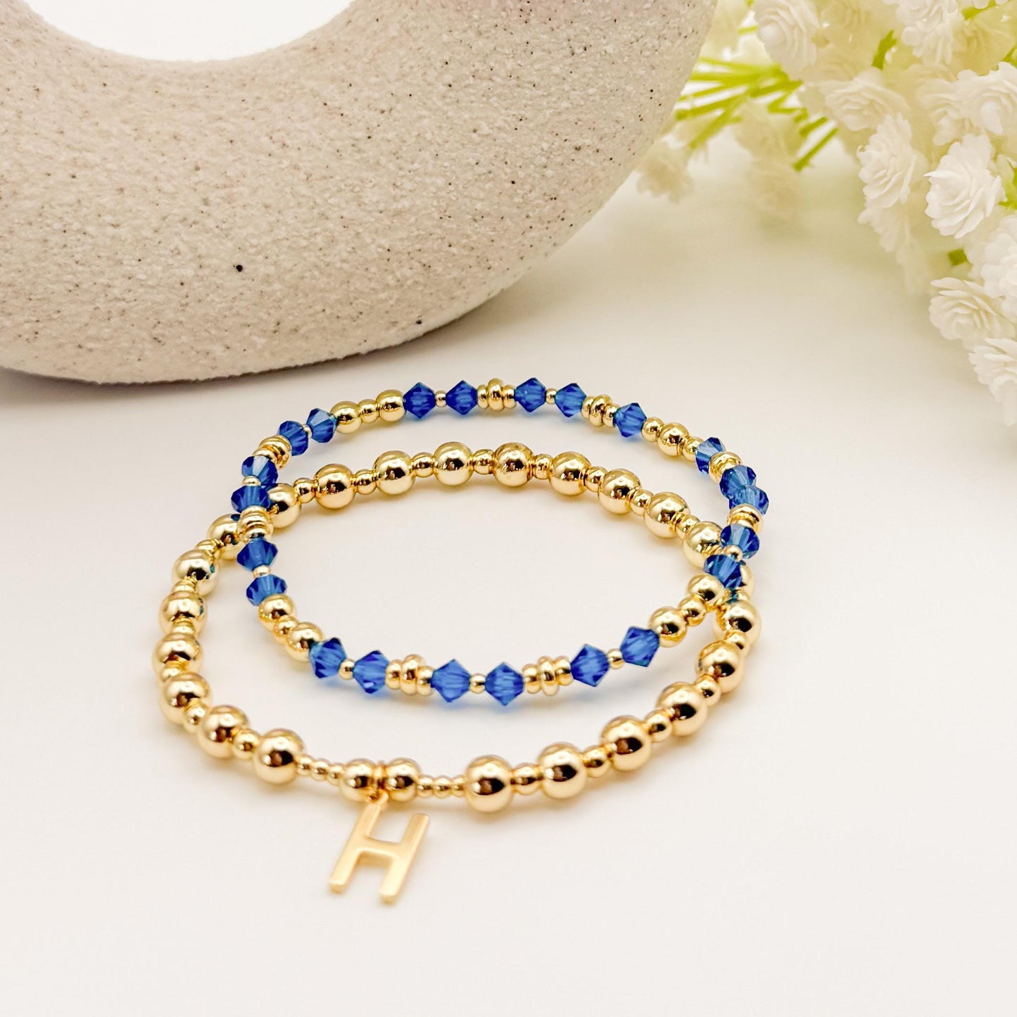 18k Gold Filled Initial and Birthstone Bracelet Set: Beaded Crystal Birthstone