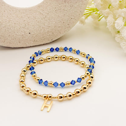 18k Gold Filled Initial and Birthstone Bracelet Set: Beaded Crystal Birthstone