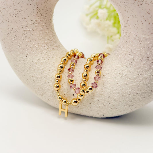 18k Gold Filled Initial and Birthstone Bracelet Set: Beaded Crystal Birthstone
