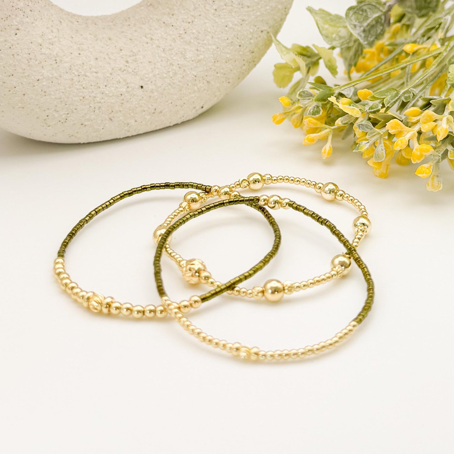 Joy Stack | 18k gold filled with light blue, green and mauve bracelet stack | beaded stretch bracelet | seed bead | gift set