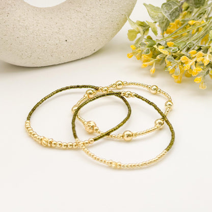 18k Gold Filled Seed Bead Bracelet Stack | Light Blue, Green & Mauve