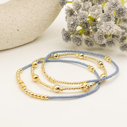 18k Gold Filled Seed Bead Bracelet Stack | Light Blue, Green & Mauve