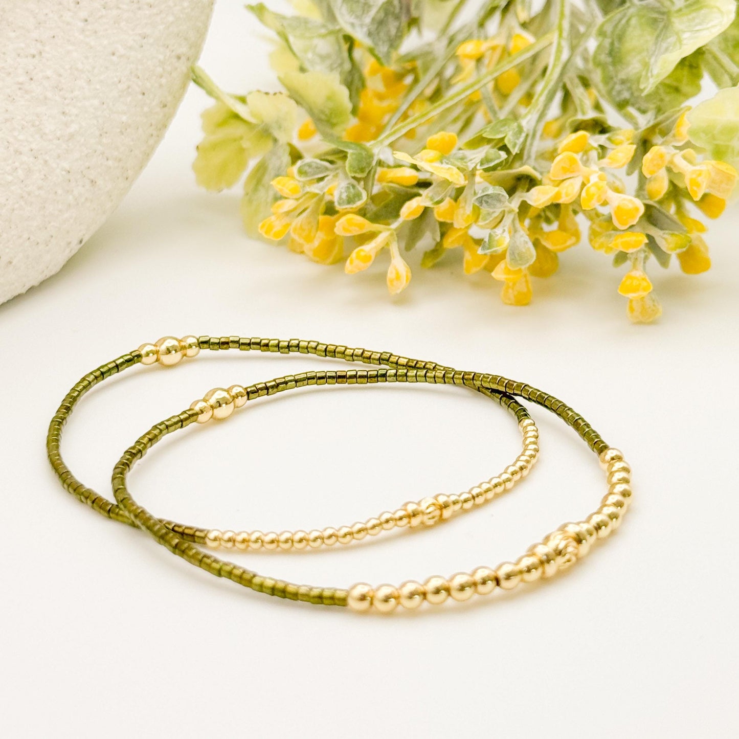 Joy Stack | 18k gold filled with light blue, green and mauve bracelet stack | beaded stretch bracelet | seed bead | gift set