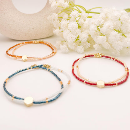 Double Strand Seed Bead Bracelet | 18k gold filled with amber, blue and burgundy double bracelets| stretch bracelet | dainty | gift