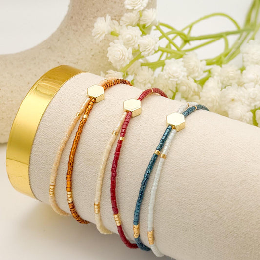 Double Strand Seed Bead Bracelet | 18k gold filled with amber, blue and burgundy double bracelets| stretch bracelet | dainty | gift